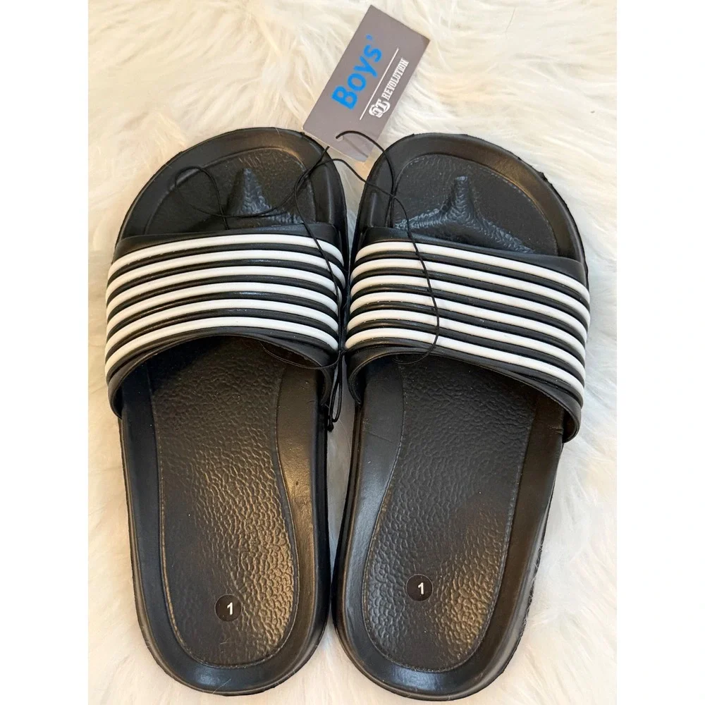 GT Revolution Boys Black White Striped Slide Sandals Size 1 Rubber Slip On Shoes